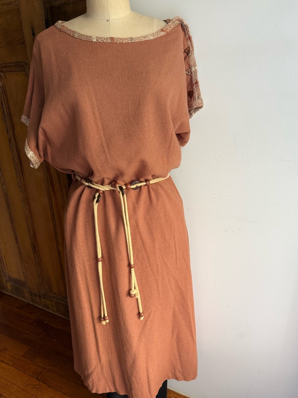 Vintage 1970s Silk Batwing Midi Dress Beaded Belt  Woven knit Brown Boho Dress